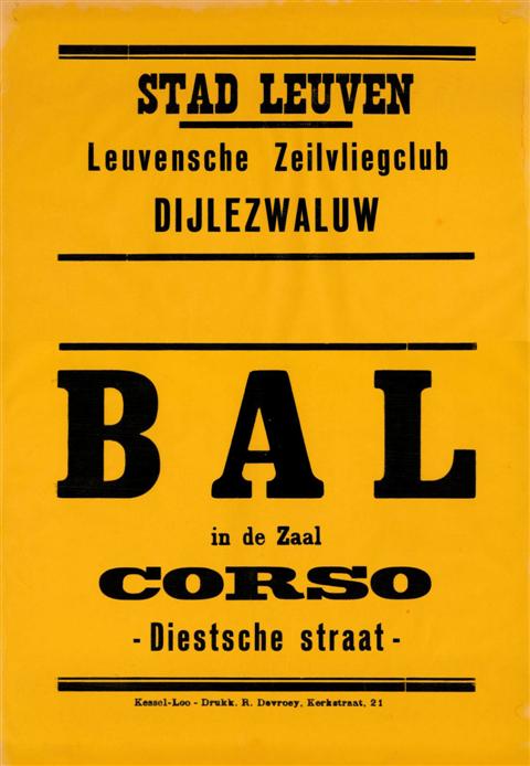 Universele affiche van de Dijlezwaluw voor de bals in zaal Corso: in het midden was plaats voorzien om met de hand de datum in te vullen. (1948)