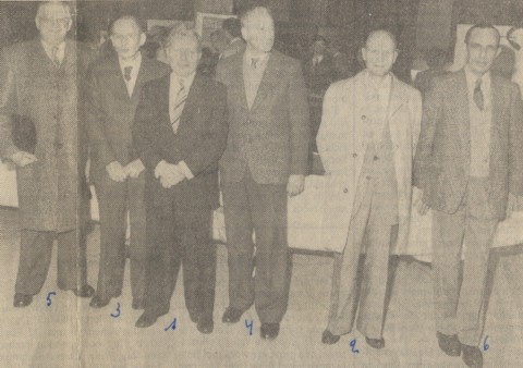 Tentoonstelling 25 jaar LUAC (Universitair Sportcentrum 28 maart 1984). V.l.n.r.: Pierre Leunis, Marcel Sempels, Pol Vandermeulen, Jan Sevenants, Frans Vranckx, Georges De Geest.