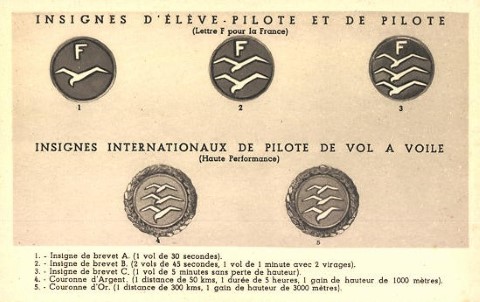 Vooroorlogse zweefvliegbrevetten. Hier de insignes voor Franse brevetten. Op Belgische brevetten staat de letter "B". De insignes met de meeuwen werden ontworpen door Fritz Stamer rond 1924